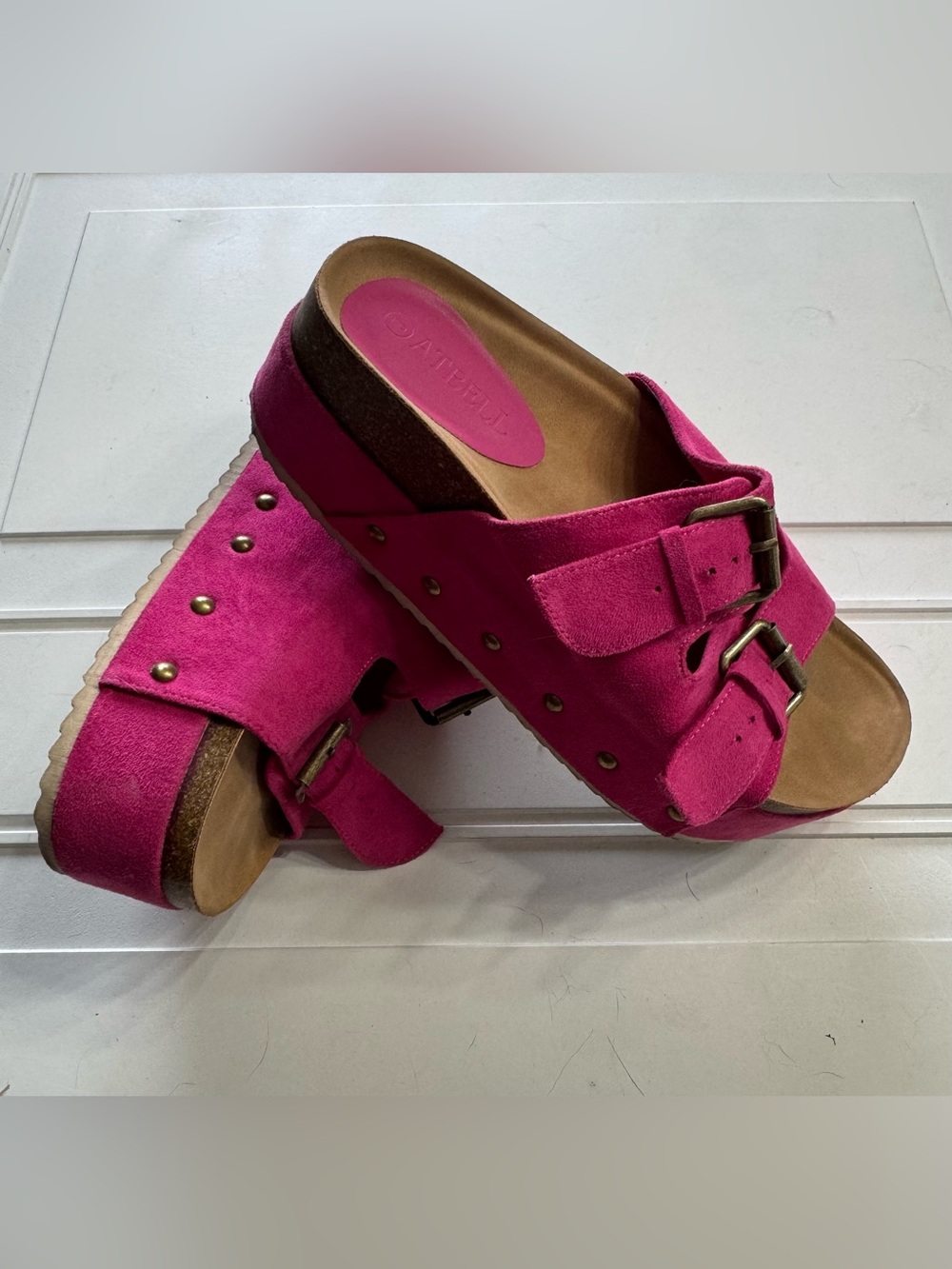Atbell Women’s Sz 8 Pink Faux Suede Strappy Platform Sandals Slides